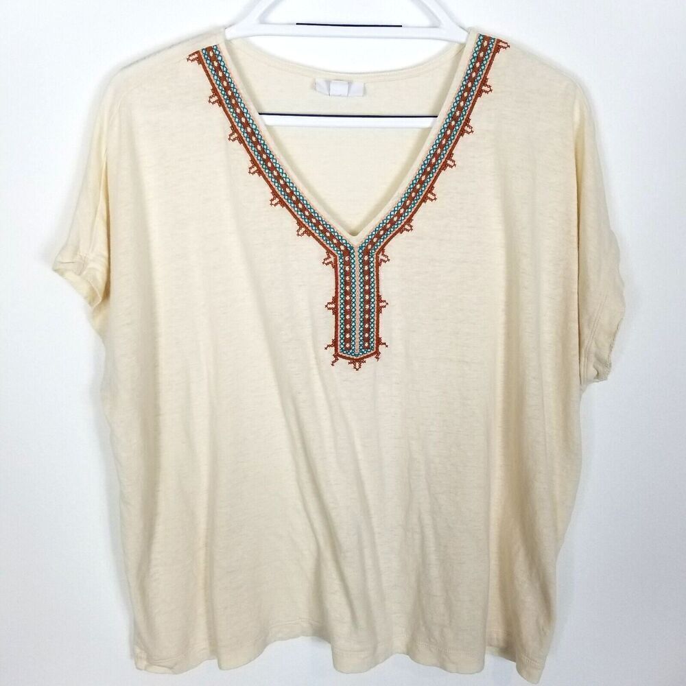 J.Jill Women Embroidered Blouse‎ Top Size XL Short Sleeve Linen Blend Cream